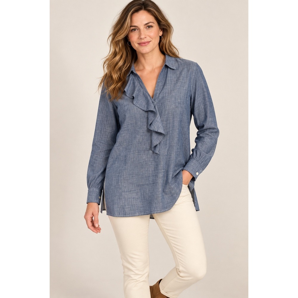 Lauren Ralph Lauren Blue Chambray Ruffle V-Neck Tunic Shirt XL